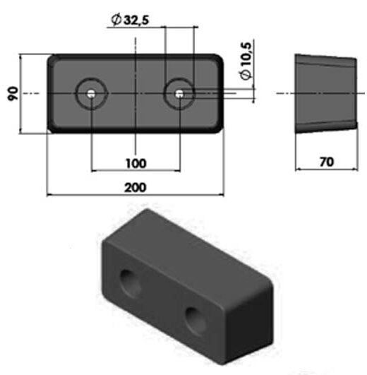 Gummibuffert L=200 B=90 H=70 c/c hål 100
